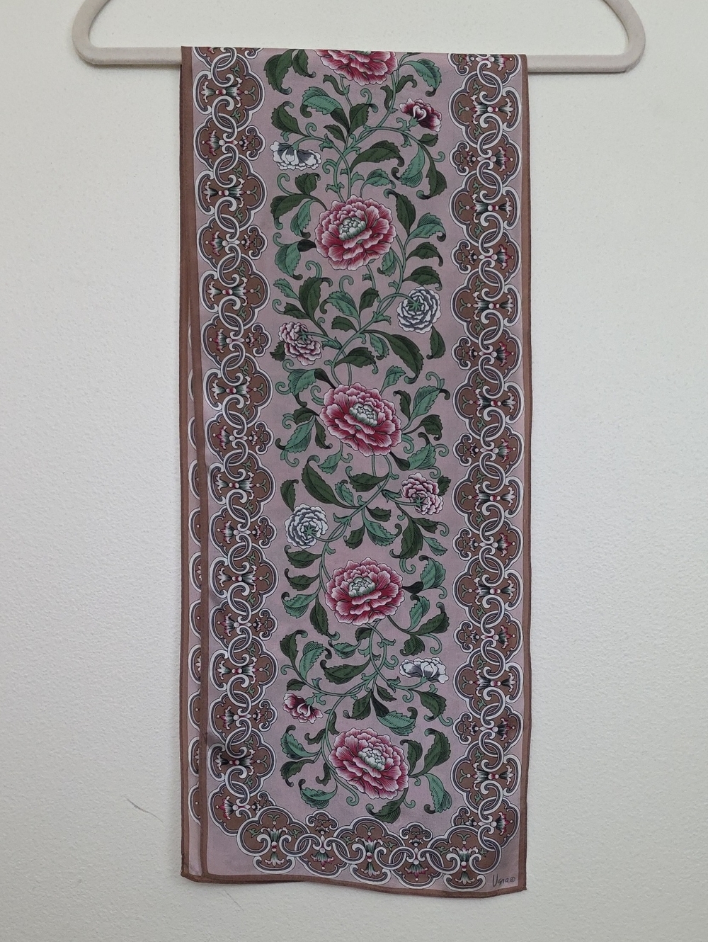 Vana Brown, Red, Green & Tan Floral Rectangular Scarf 50X 10.5